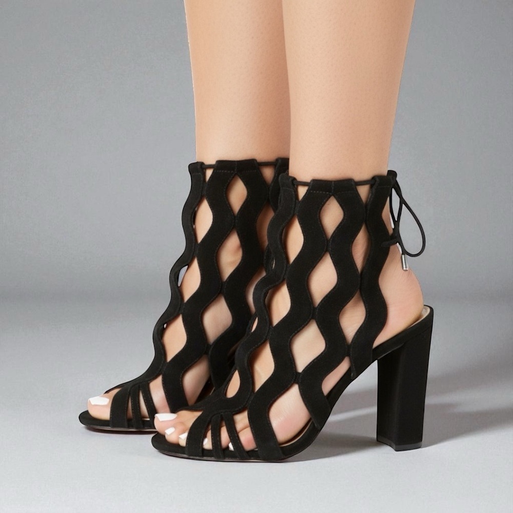 Alexandre Birman Loretta Black Suede Cutout Block Heel Sandals EU 37 US 7 - Picture 2 of 14
